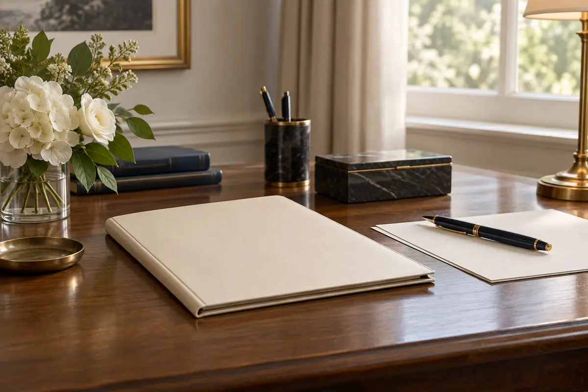 Scrivania ordinata con documenti e fiori bianchi per le guide funerarie