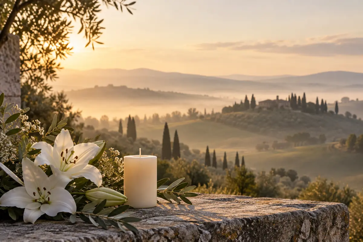 Paesaggio al tramonto con gigli bianchi, simbolo di vicinanza alle famiglie